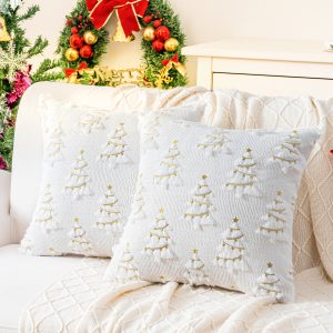 White Knitted Christmas Tree Embroidered Fabric