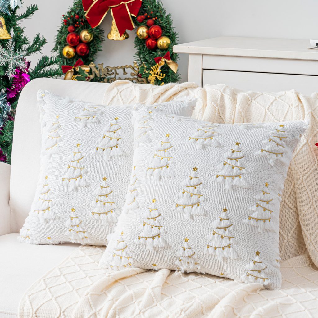 White Knitted Christmas Tree Embroidered Fabric